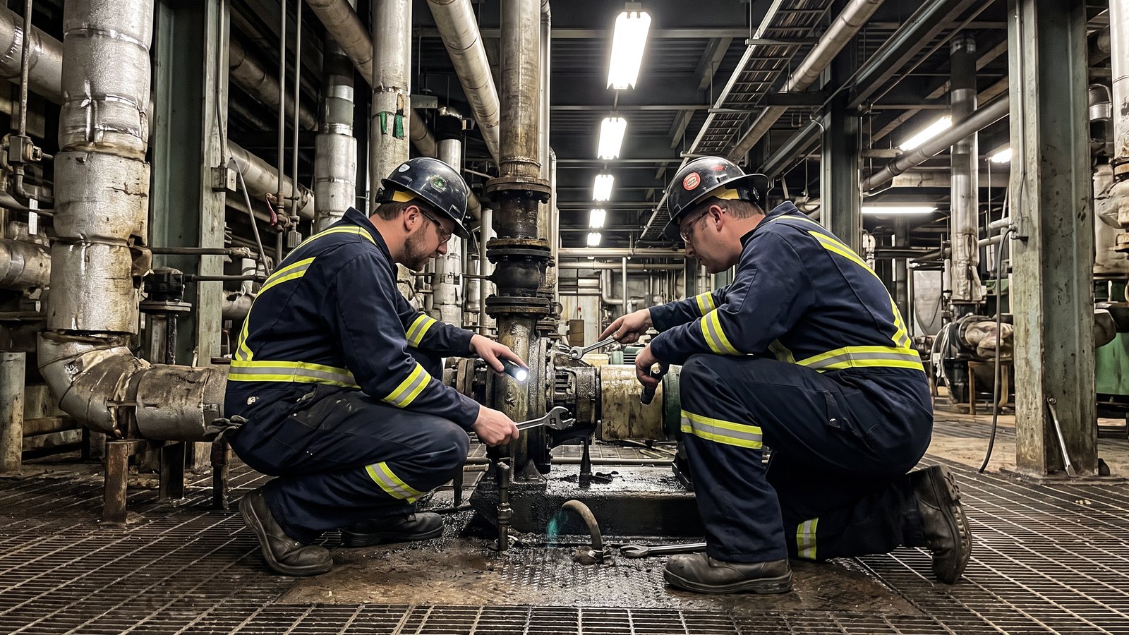 Crew making an urgent repair on failed process piping during an emergency shutdown