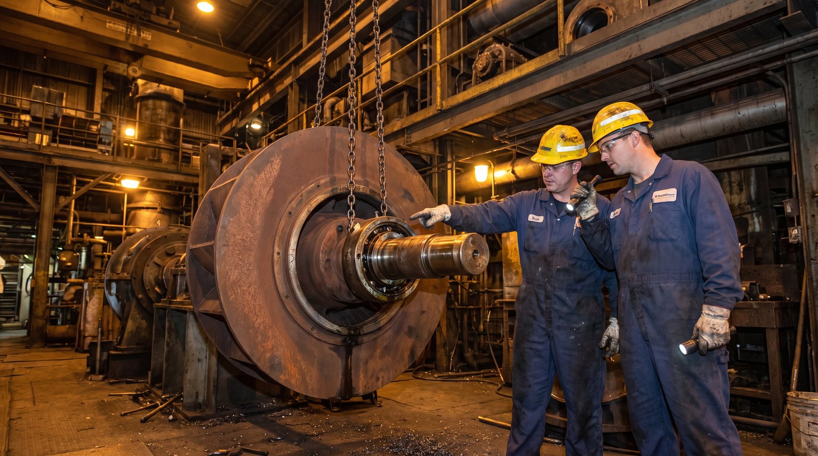 Millwrights overhauling a large rotor and shaft during an equipment overhaul