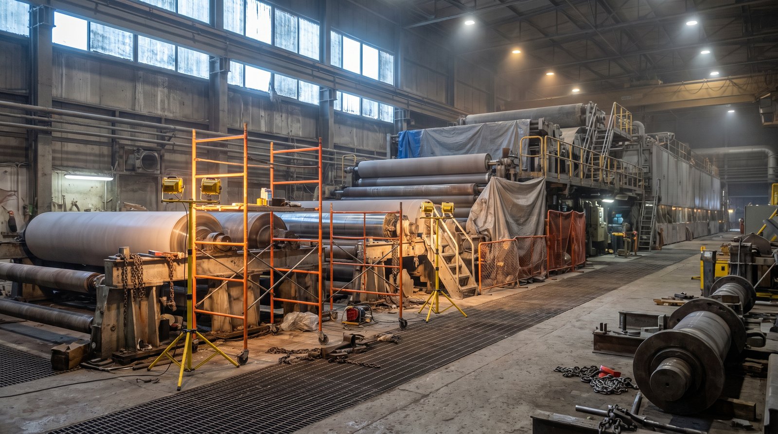 Paper-machine rollers opened up for service during a maintenance shutdown
