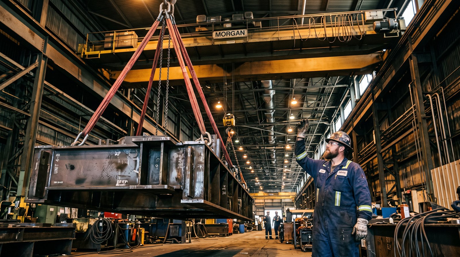 Overhead crane lifting a steel component on rigging slings