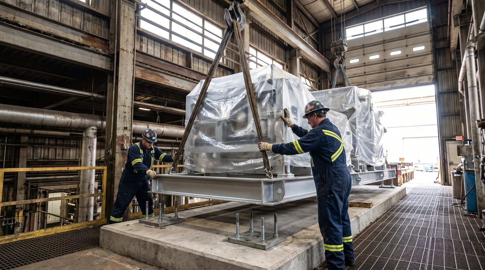 New equipment being lowered into place during installation and commissioning